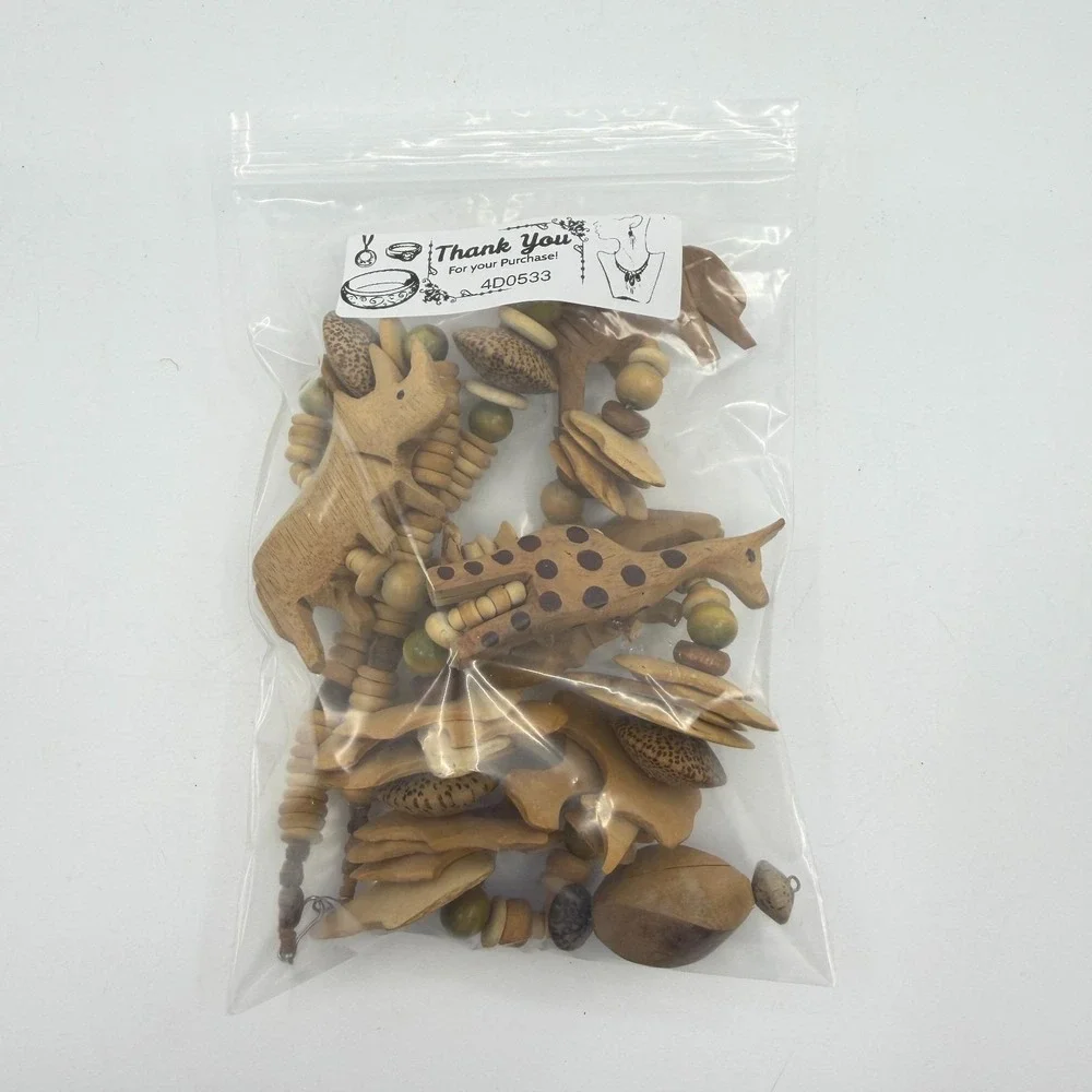 Hand Carved Wood Safari Animal Bead Necklace Elephant Giraffe Rhino Boho Gift
